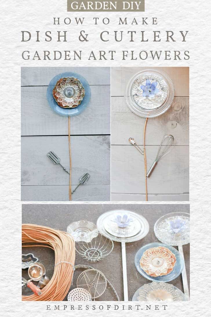 Garden art flowers made from dishes and cutlery.