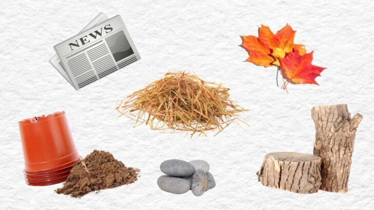 Items used to fill raised beds including newspaper, mulch, straw, leaves, and branches.