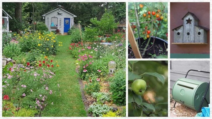 Collage with images of backyard garden including flower beds, birdhouse, compost bin, apples, and tomatoes.