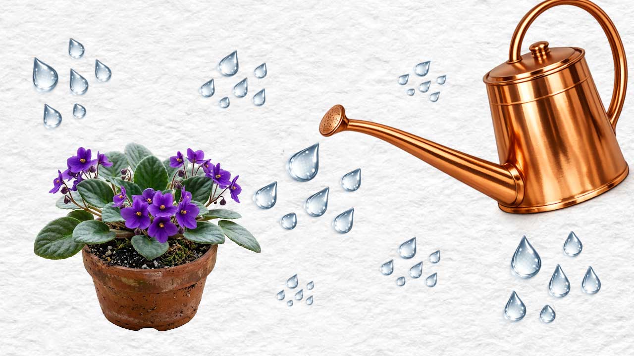 Watering can, water droplets, and houseplant.