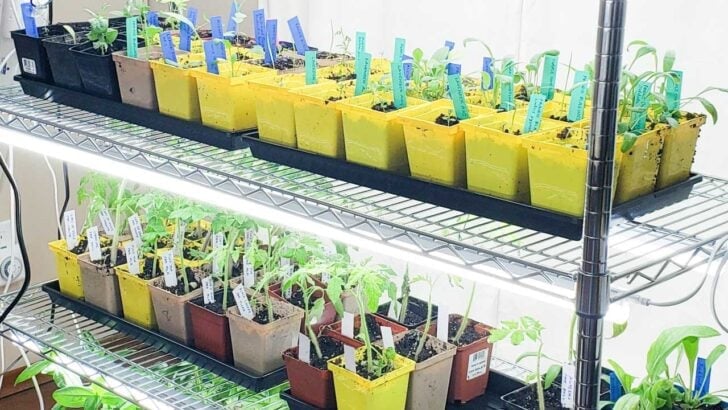 Shelves with seedlings in pots under LED grow lights.