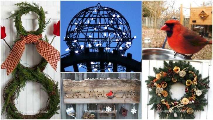 Collage of outdoor winter garden art ideas including wreaths, signs, and lighted orbs.