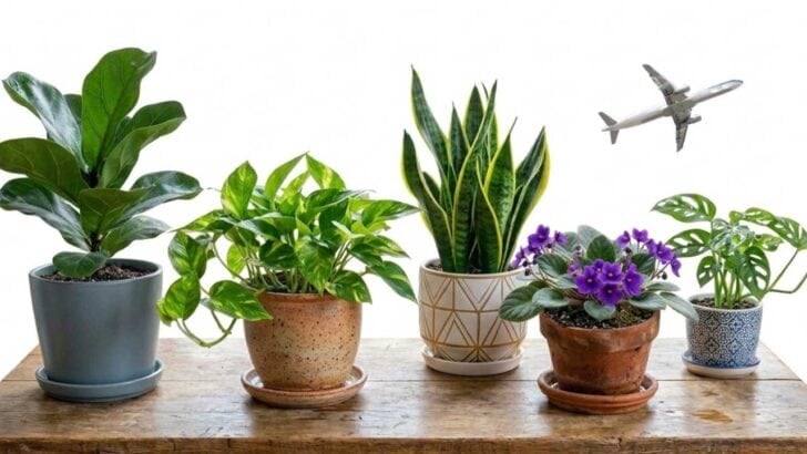 Collage with assorted houseplants on a table and a jet plane