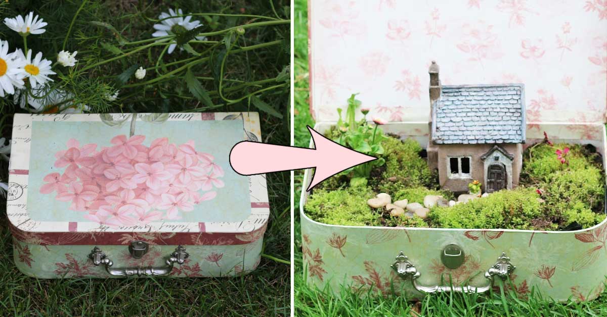 Collage with suitcase and suitcase used to house a fairy garden.