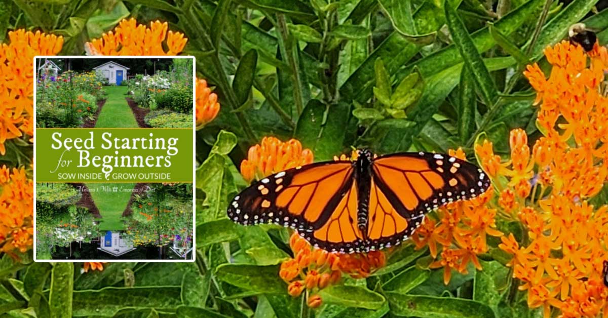 Collage with milkweed, monarch butterfly, and cover of Seed Starting for Beginners ebook.
