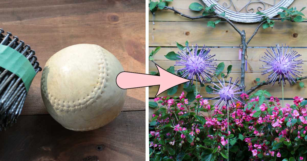 Collage with softball and garden art alliums made from softballs.