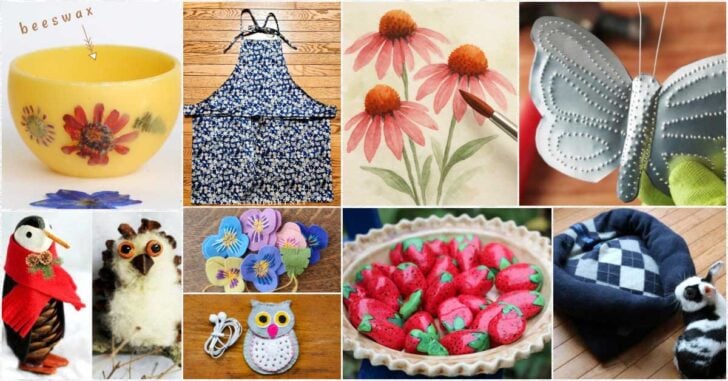 Creative projects including shadow box, watercolor painting, nature crafts, and stone painting.
