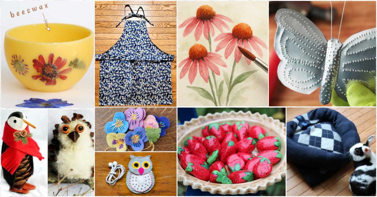 Creative projects including shadow box, watercolor painting, nature crafts, and stone painting.