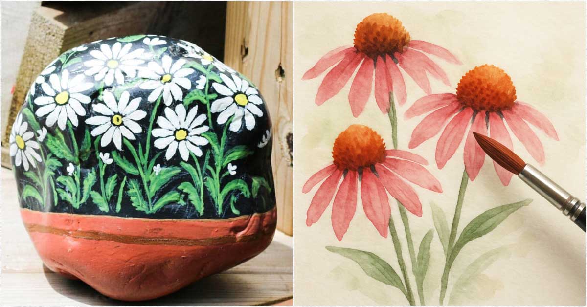 Collage showing hand-painted rock with daisy design and watercolor painting echinacea flowers.