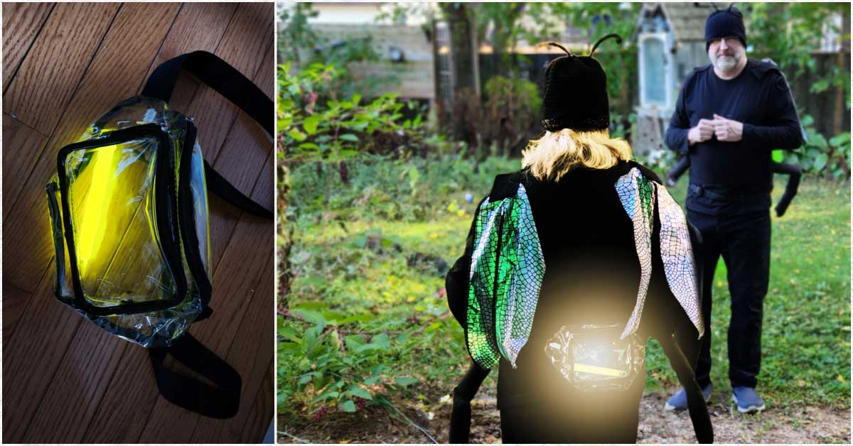 Firefly Halloween costume and close up of glow pouch