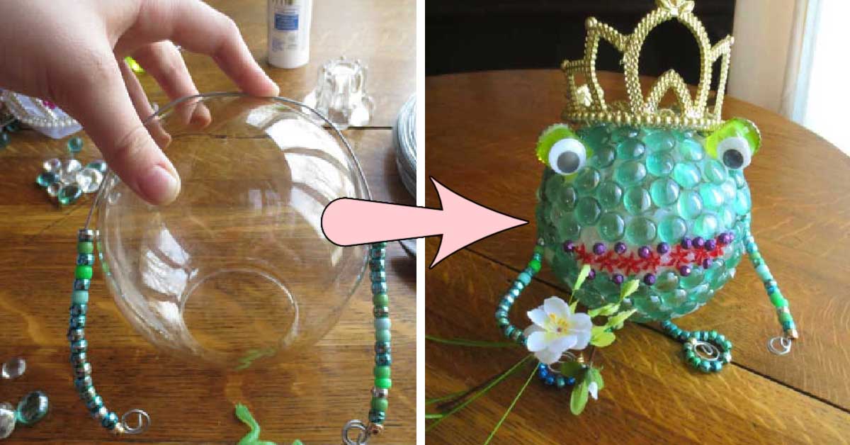 Collage showing lamp globe and garden art frog prince made from the globe