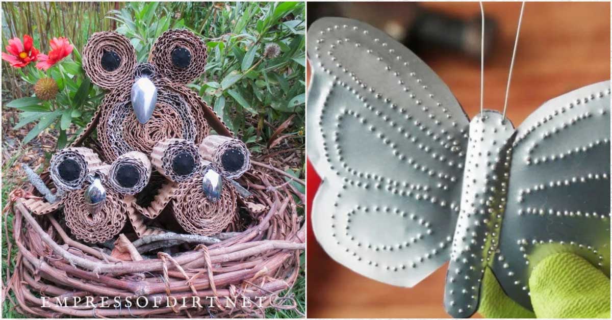 Upcycled crafts including cardboard owls and tin can butterflies.
