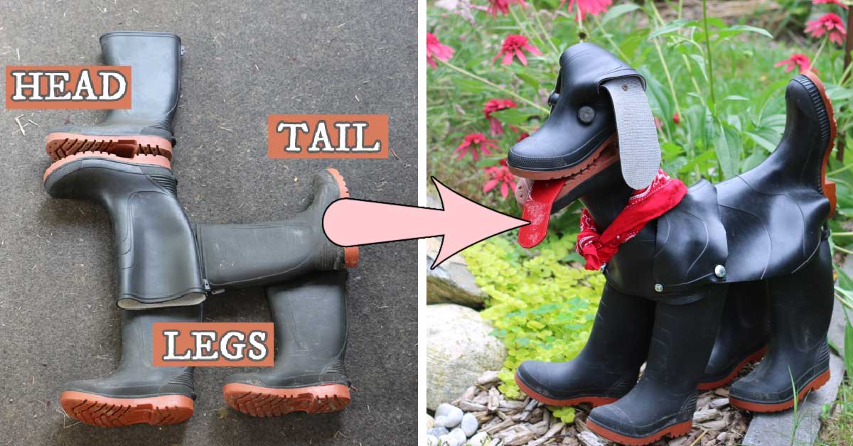 Collage with rubber boots and garden art dog made from boots
