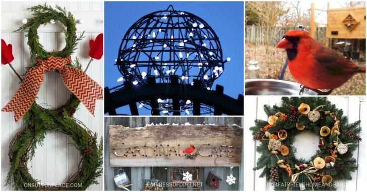 Collage of outdoor winter garden art ideas including wreaths, signs, and lighted orbs.