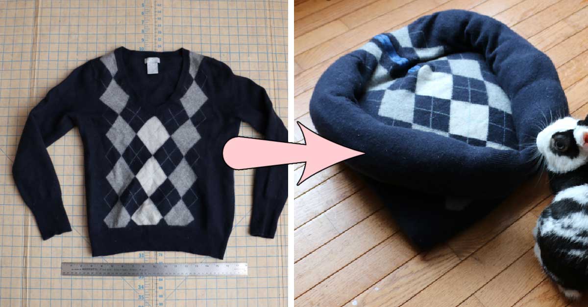 Collage of old sweater and pet bed made from sweater