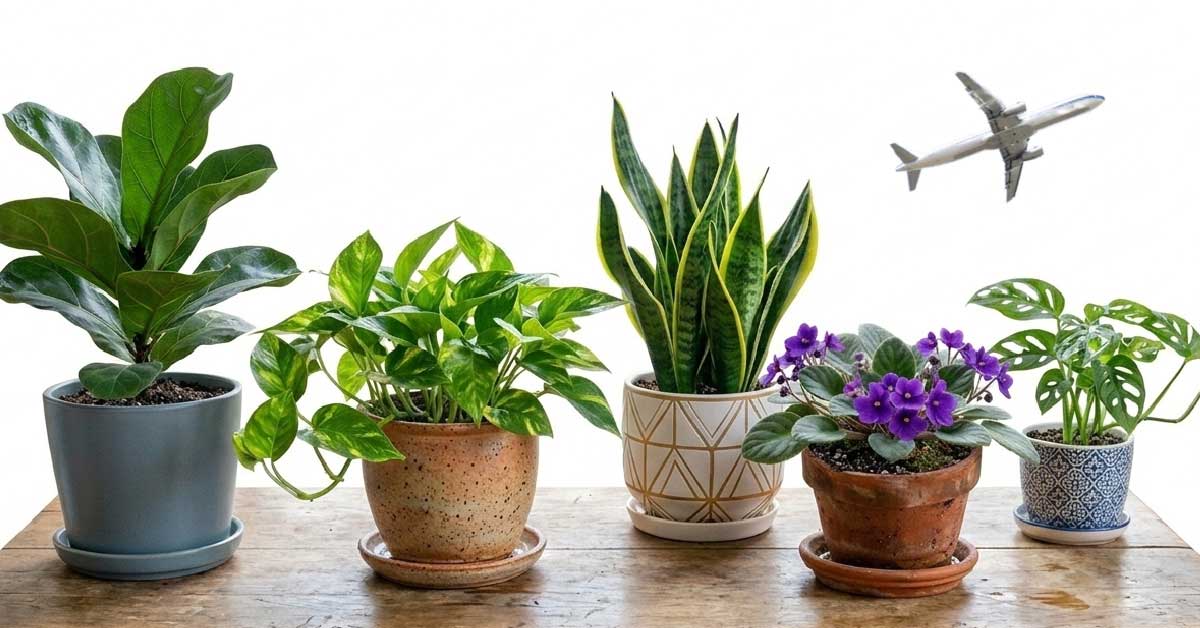 Collage with assorted houseplants on a table and a jet plane