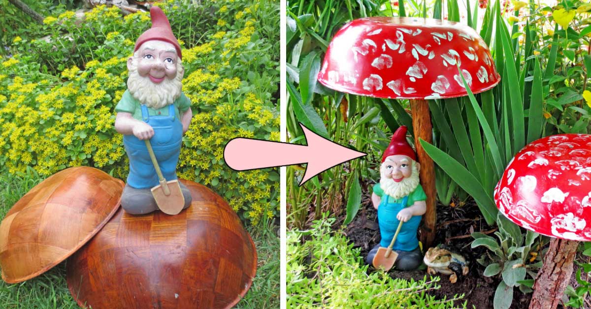 Collage with wooden salad bowls and same bowls made into garden art toadstools.