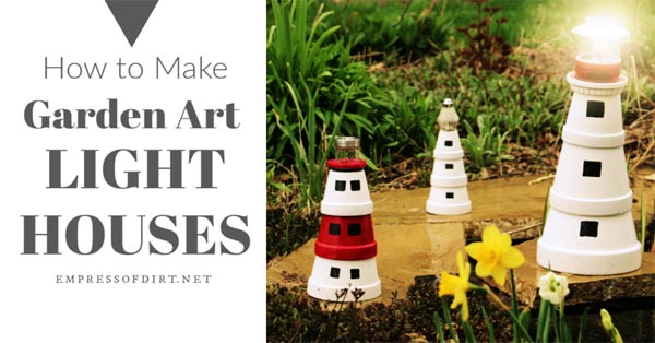 Garden art lighthouses made from flower pots.