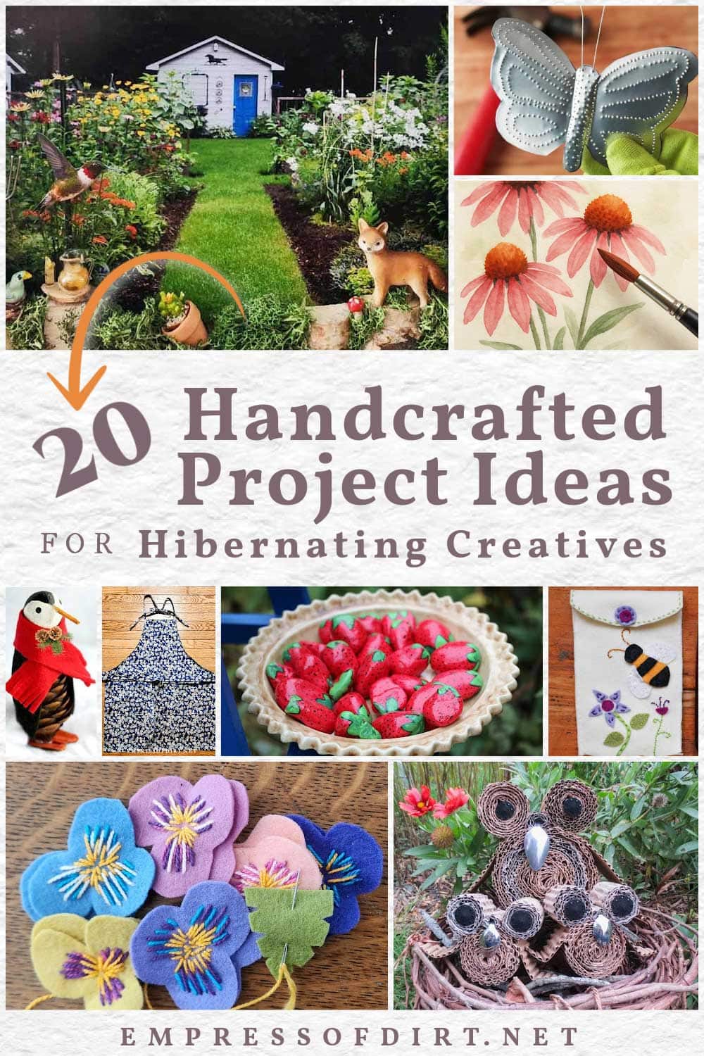 Creative projects including shadow box, watercolor painting, nature crafts, and stone painting.