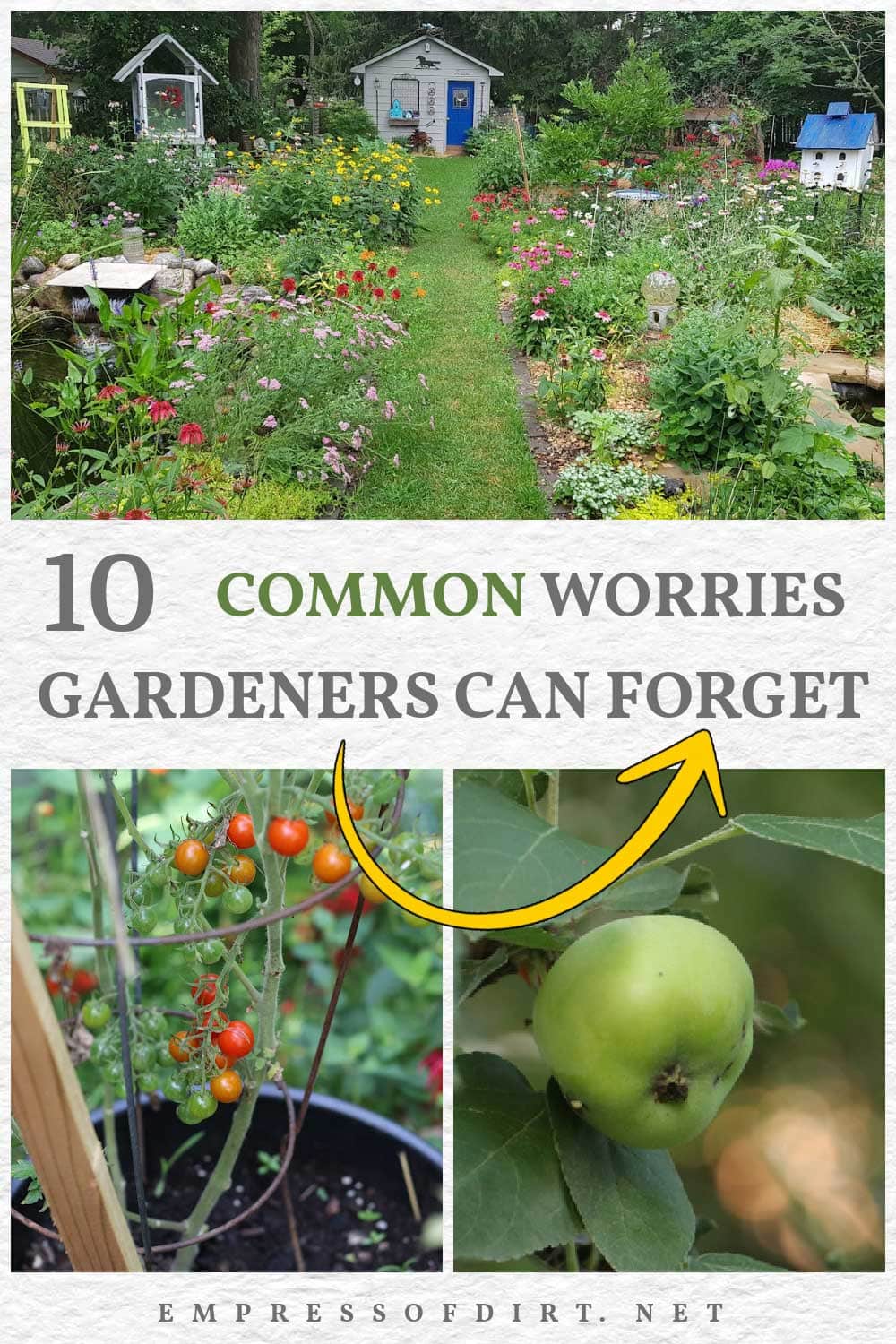 Collage with images of backyard garden including flower beds, birdhouse, compost bin, apples, and tomatoes.