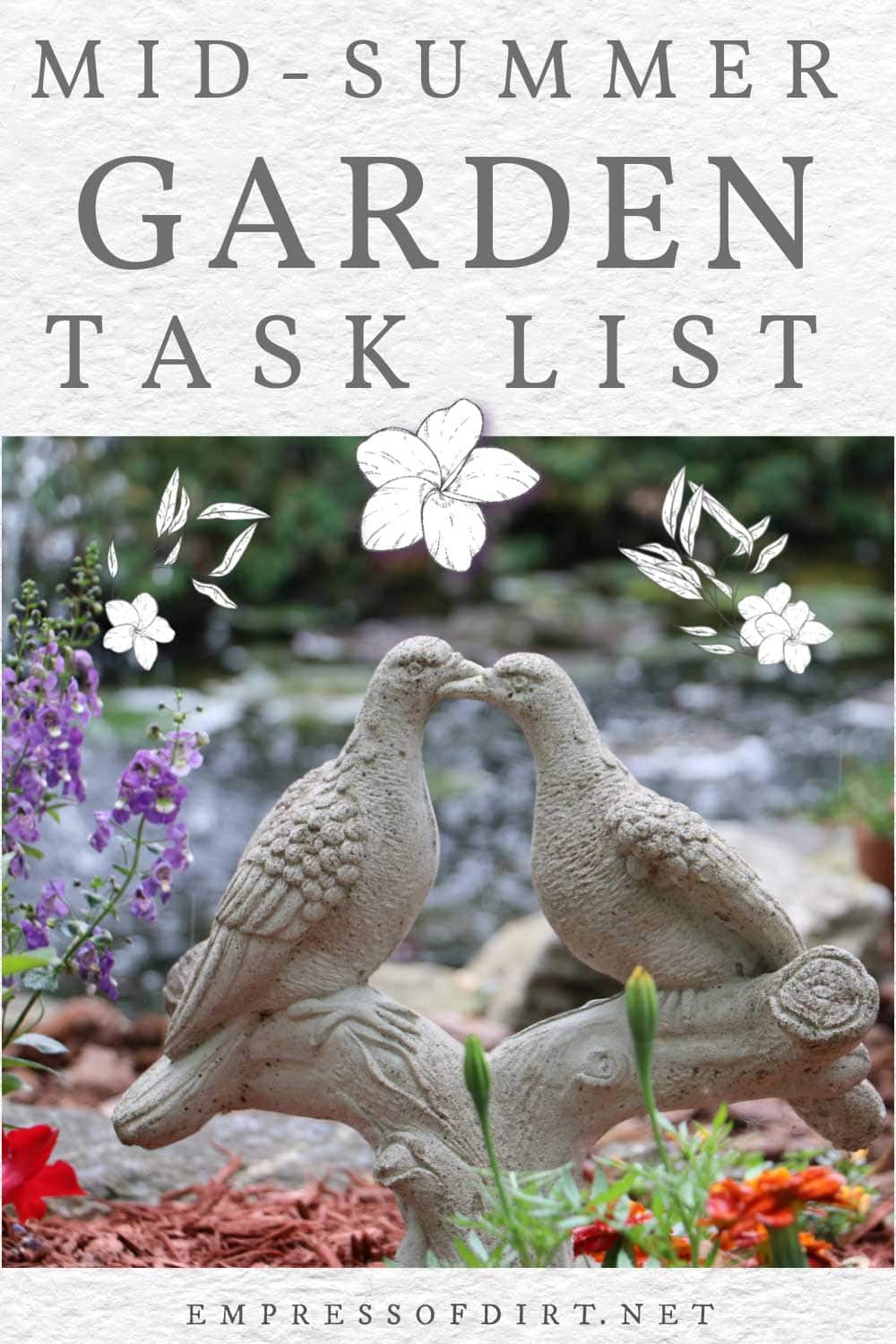 Sculpture of doves in a garden mid-summer