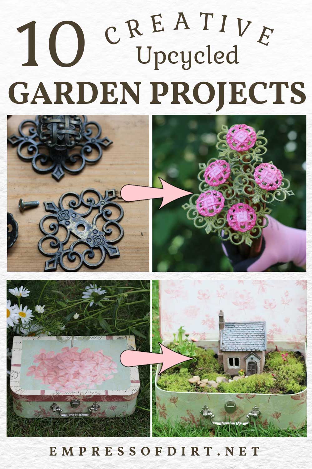 Collage of household items and garden art created from them
