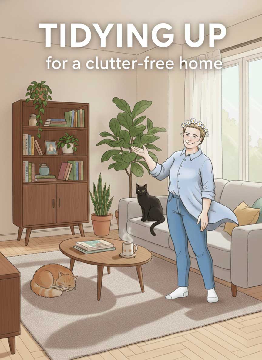 Empress of Dirt in a tidy living room with two cats.