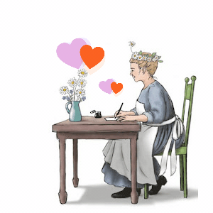 Empress of Dirt at her writing desk with animated hearts floating in the air.