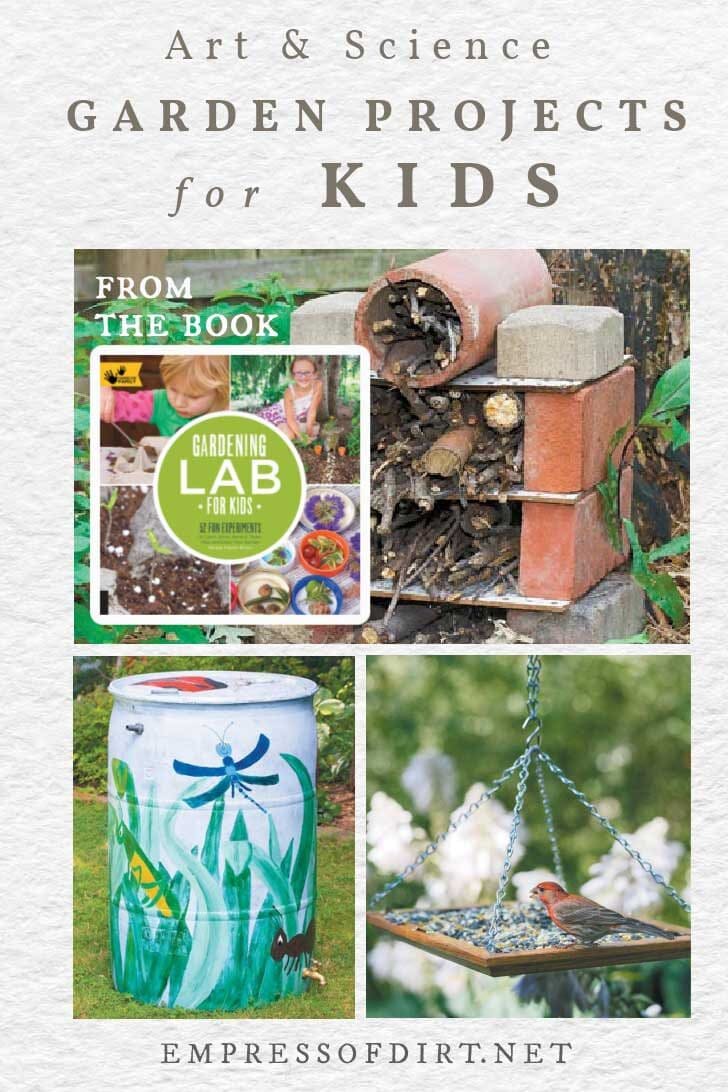 Insect hotel, rain barrel, bird feeder.