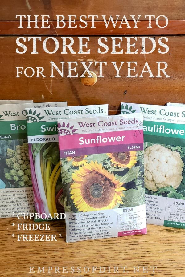 Packets of garden seeds to be stored for next year including sunflower, broccoli, cauliflower, and Swiss chard.