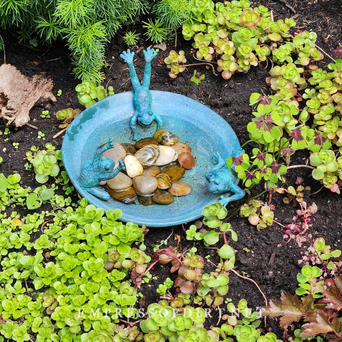 Birdbath with garden art frogs