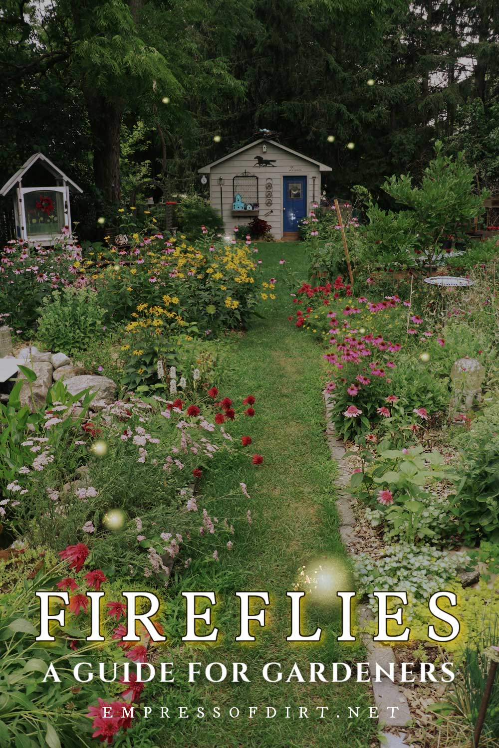 Backyard garden at dusk with fireflies glowing.