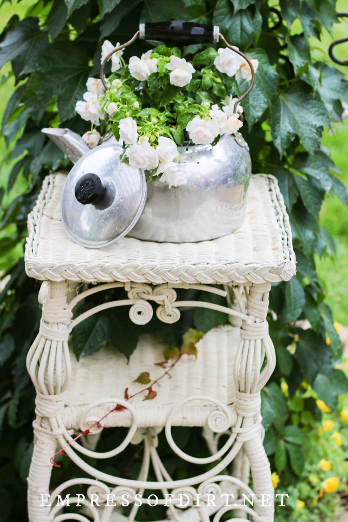 Old kettle used as flower planter.