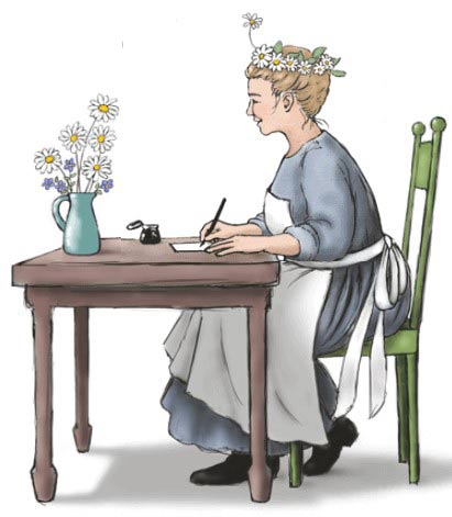 Empress of Dirt sitting at a desk writing a newsletter.