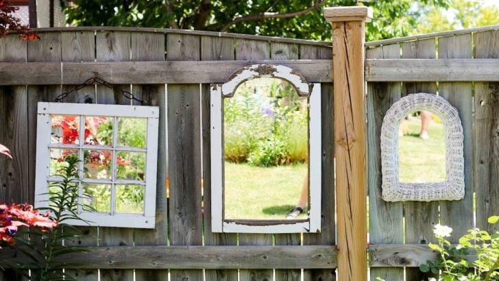 Mirrors hanging on a garden fence.