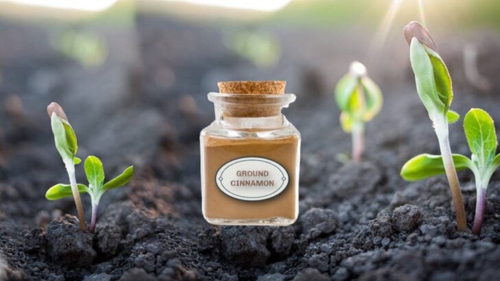 Jar of cinnamon and seedlings in the garden.