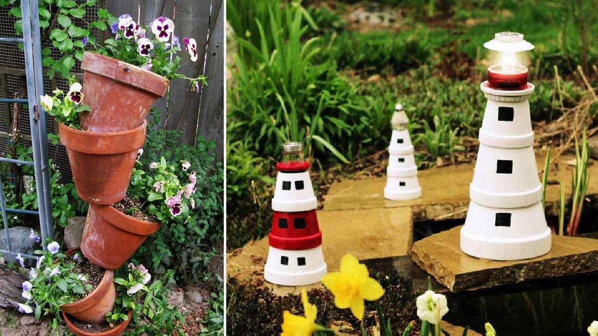 Garden art crafts made from clay pots including tipsy pots and a lighthouse