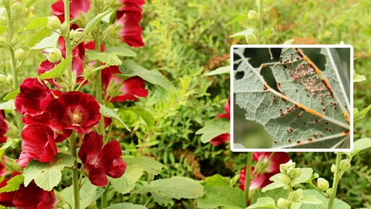 Hollyhock plant and example of hollyhock rust.