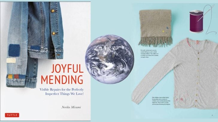 Joyful Mending book cover and sweater for mending.
