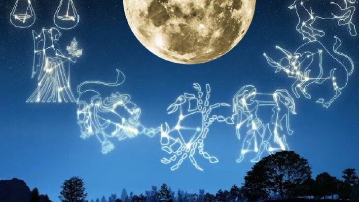 Large moon in night sky with drawings of constellations.