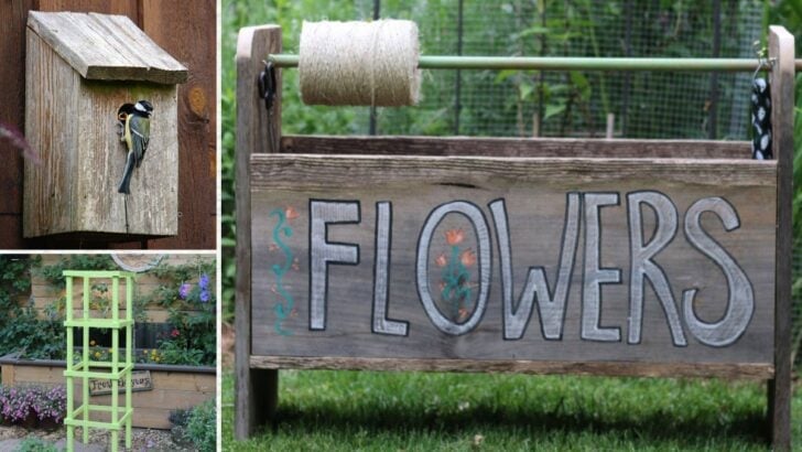 Garden projects made from wood including tomato cage, birdhouse, and trug.
