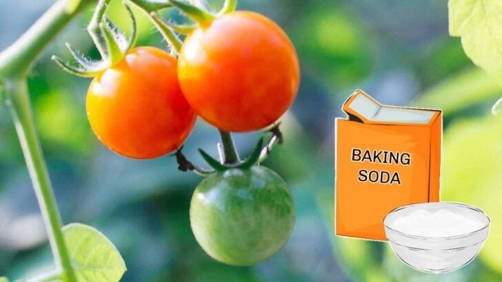 Tomatoes and a box of baking soda in the garden.