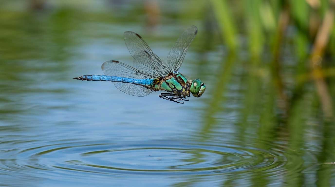 Blue dragonfly hovering over garden pond.