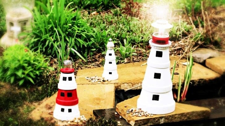 Garden art lighthouses made from clay pots.