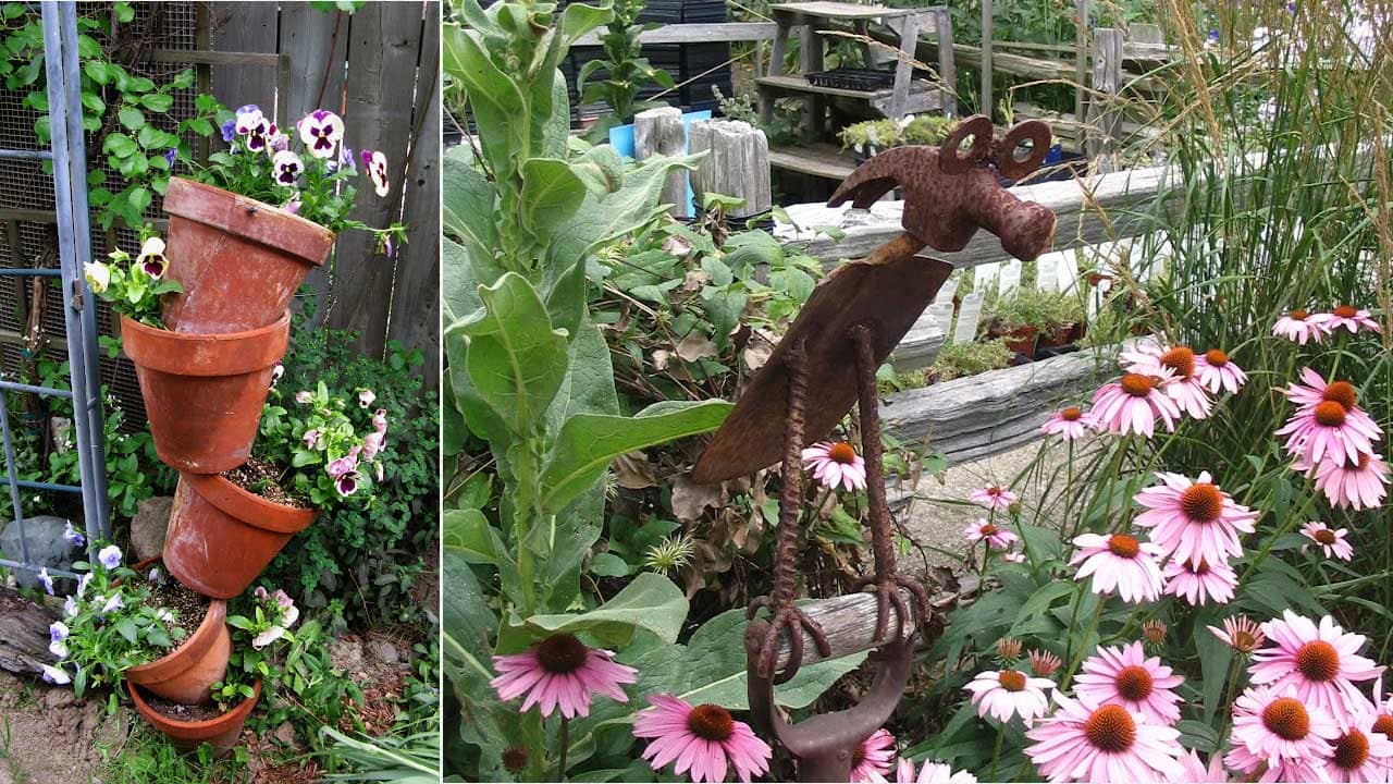 Homemade garden art including tipsy pots and a tool art animal.