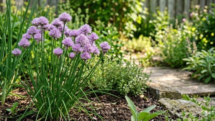 Chives growing outdoors in garden.