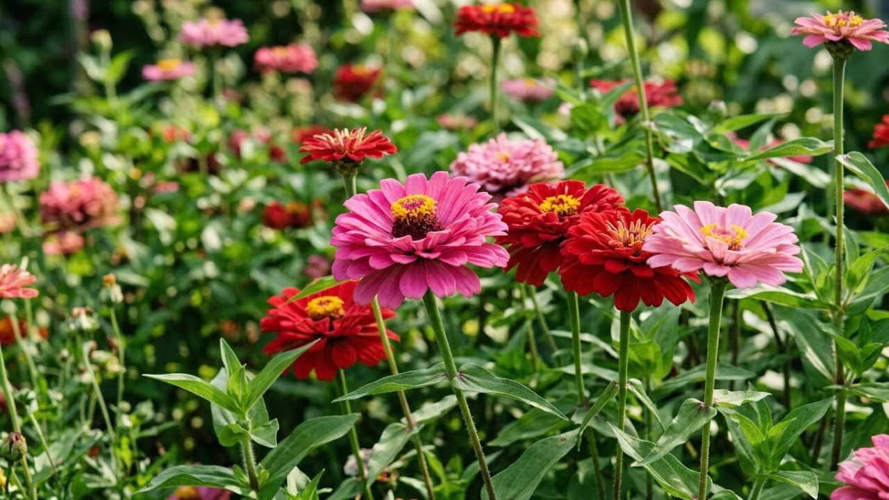 Pink and red zinnias growing in the garden.