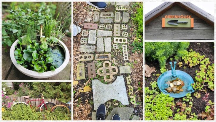 Collage of imaginative garden art ideas