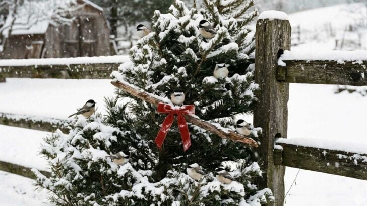 Old christmas tree against a fence used by chickadees to shelter from the snow.