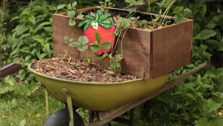 Strawberries growing in a wheelbarrow planter.